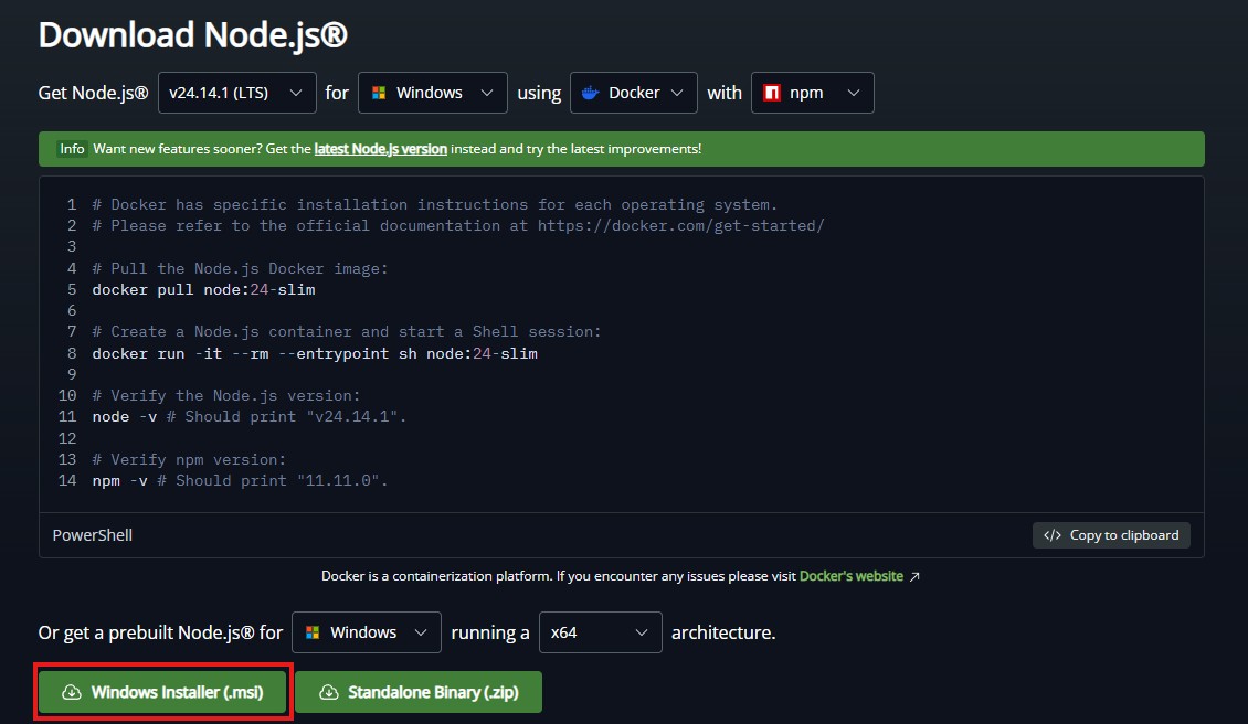 Главная страница nodejs.org, кнопка LTS