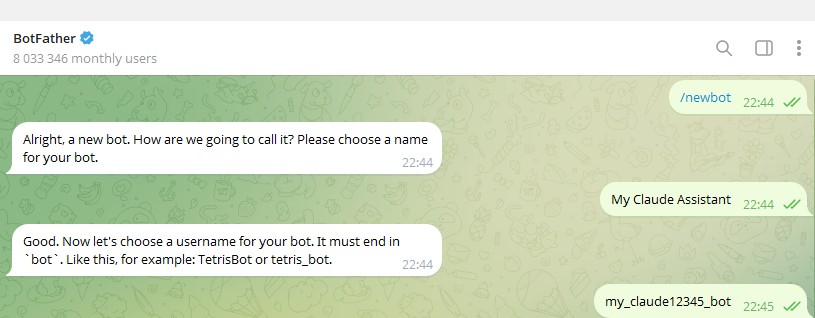 Диалог с BotFather, /newbot